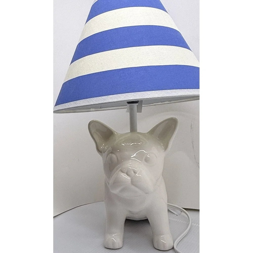 French Bulldog Table Lamp White Ceramic Dog Blue White Striped Shade 15